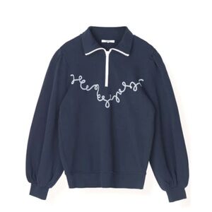 Ganni Navy Blue Embroidered quarter zip sweatshirt Small